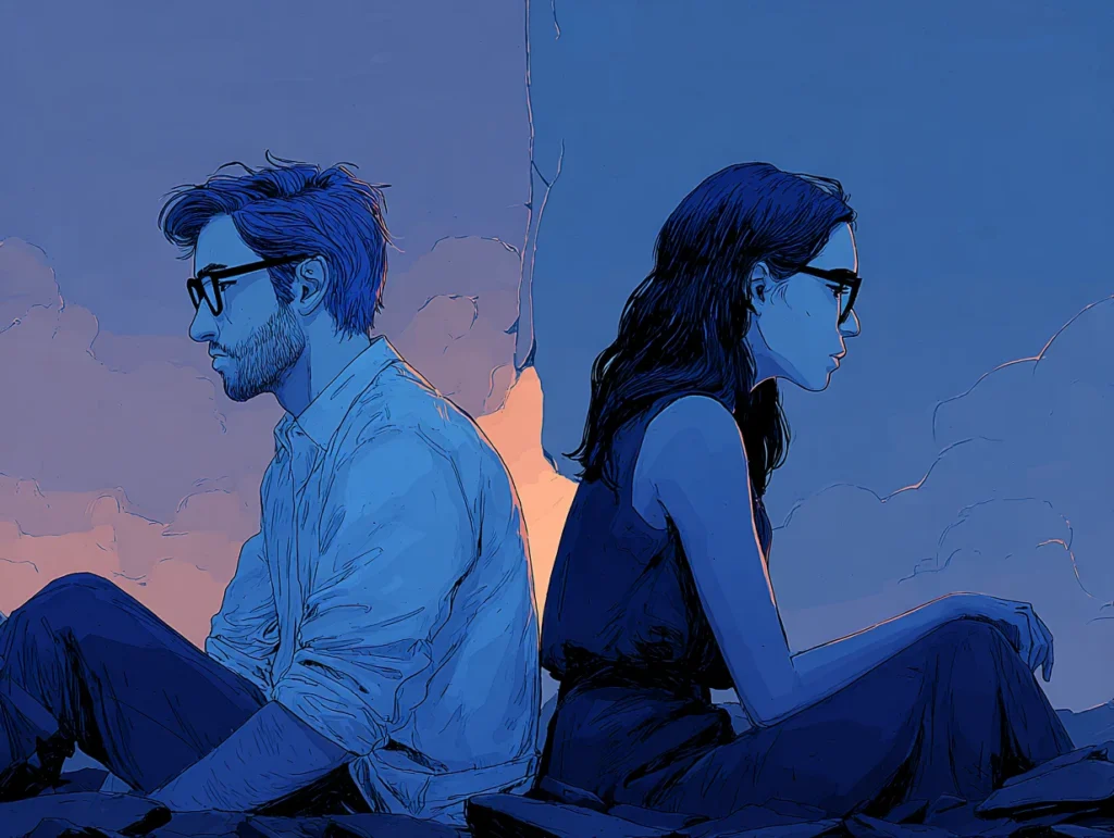 A couple sitting on a sofa at a distance from each other, not making eye contact, Path Community men's support group